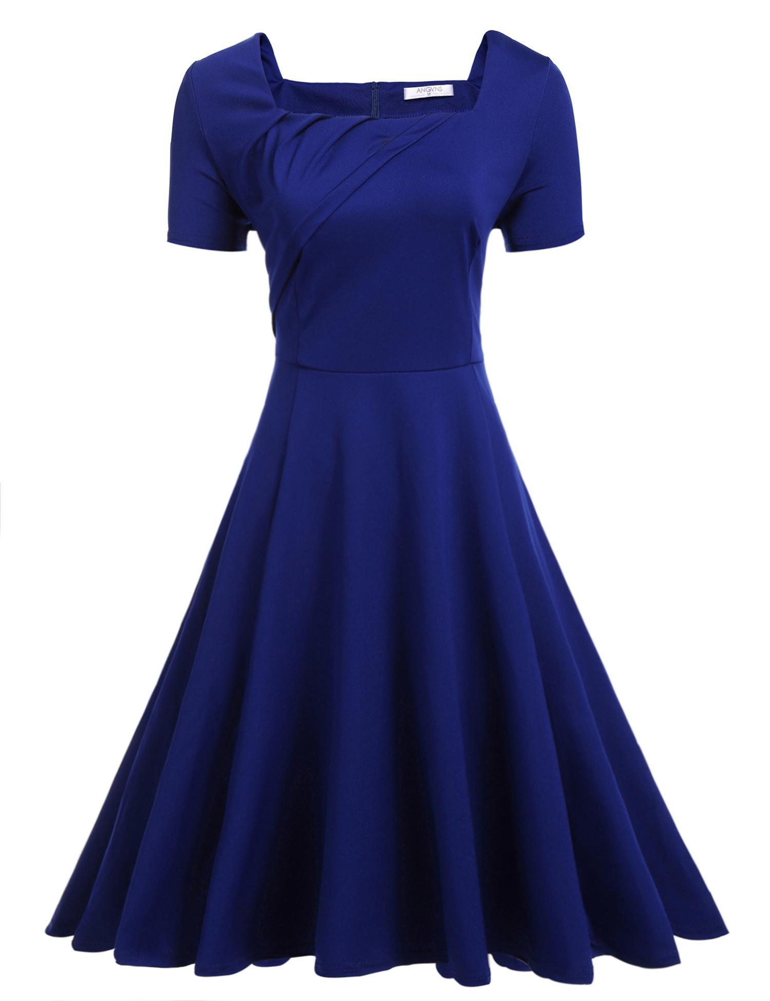 dark blue short sleeve large swing solid slim pleated dress