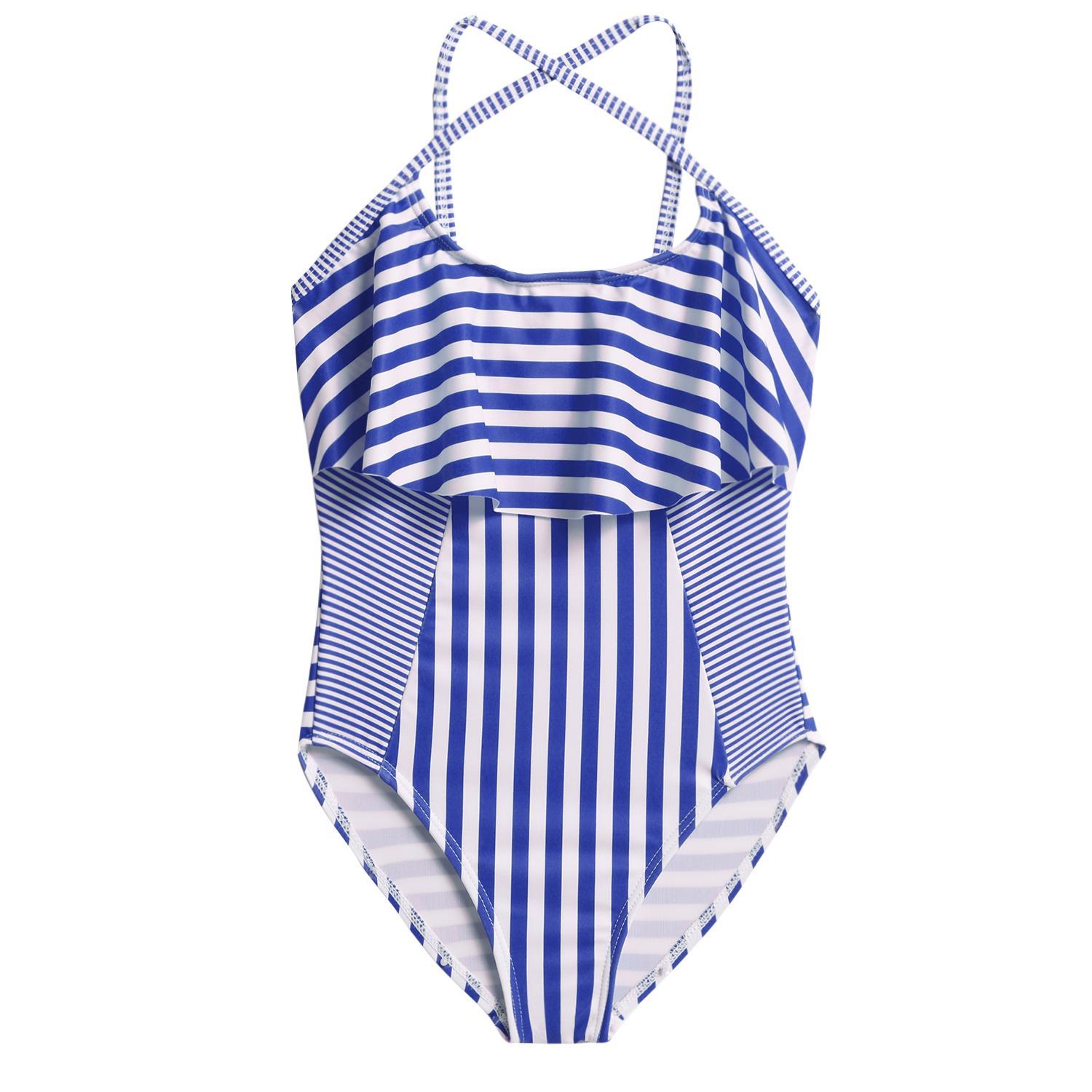 blue girls" spaghetti strap striped ruffle one piece swimsuit