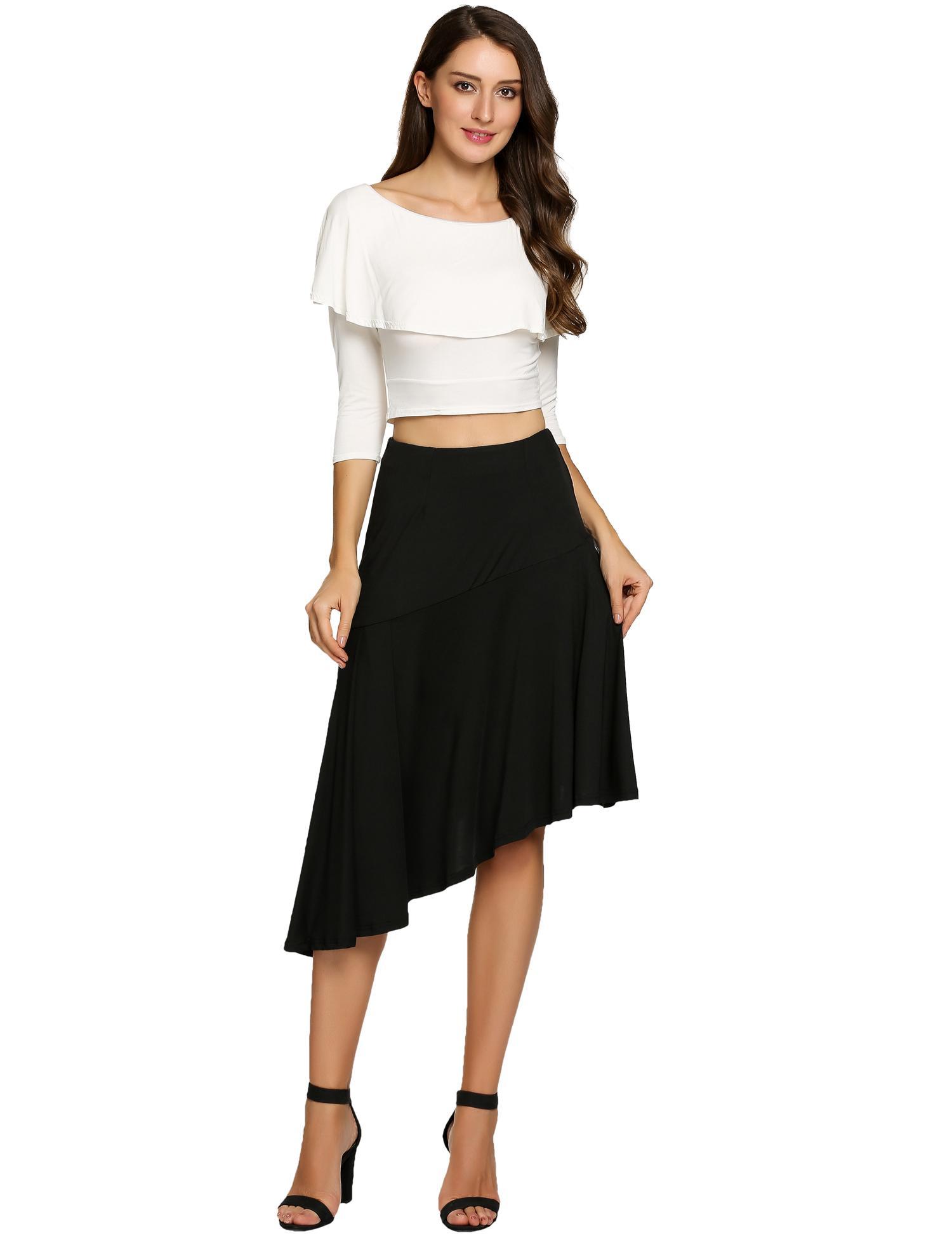 black high waist asymmetric hem pleated skirt