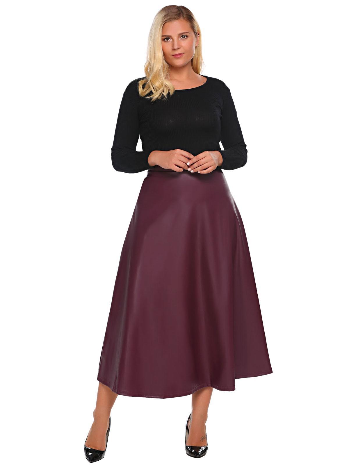 red plus size synthetic leather high waist a-line maxi skirt