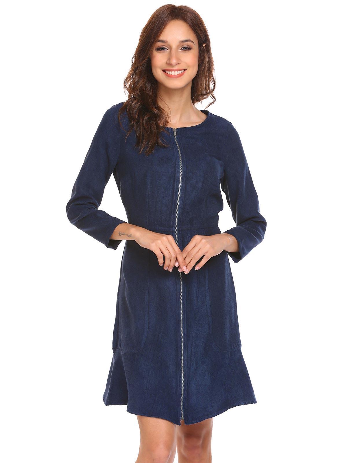 navy blue women long sleeve zip-up ruffles hem slim fit faux