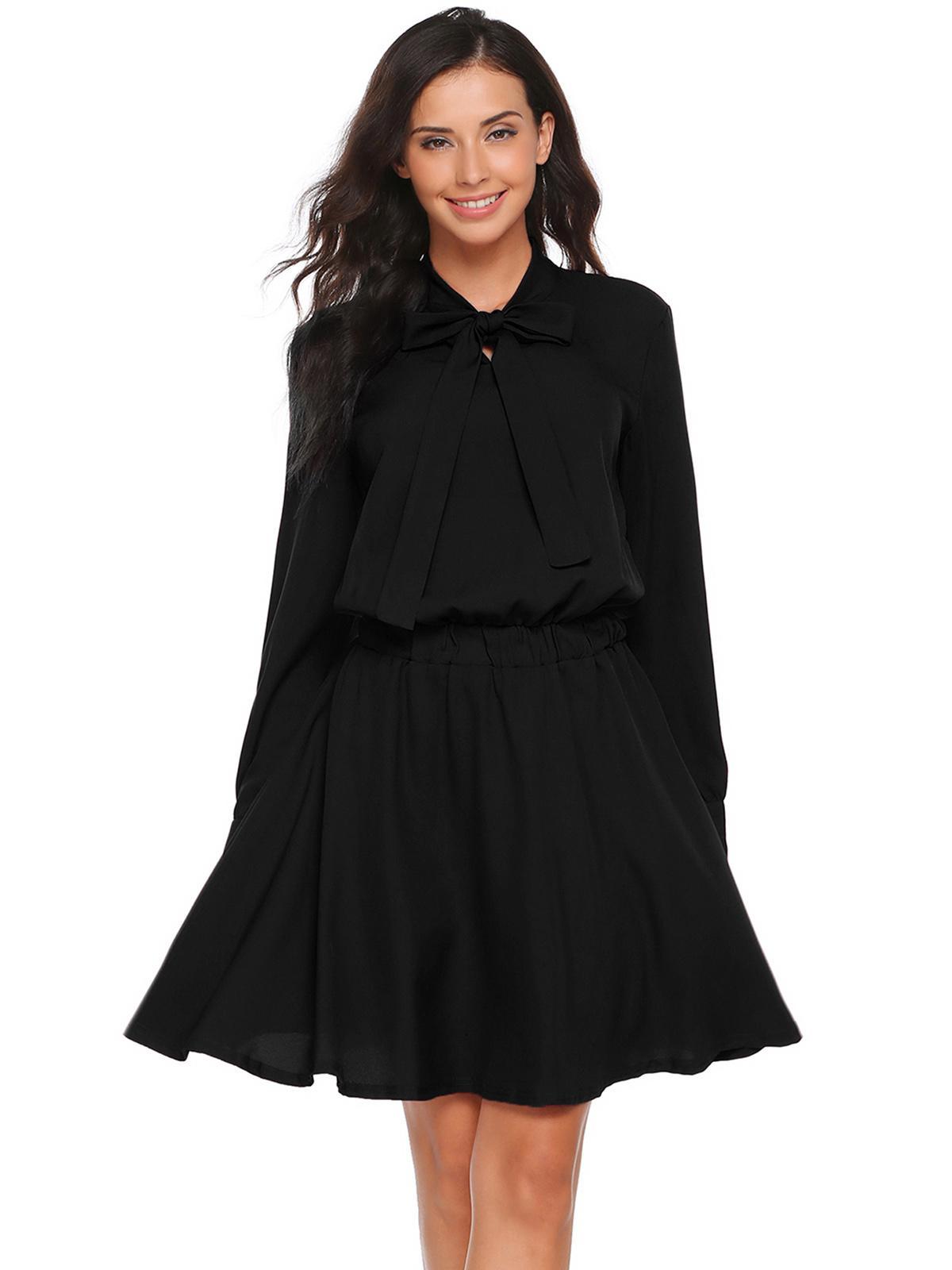 black tie bow neck long sleeve solid loose pleated dress