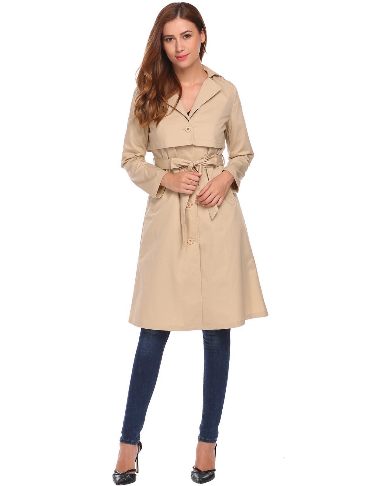 khaki turn down collar long sleeve solid long trench coat